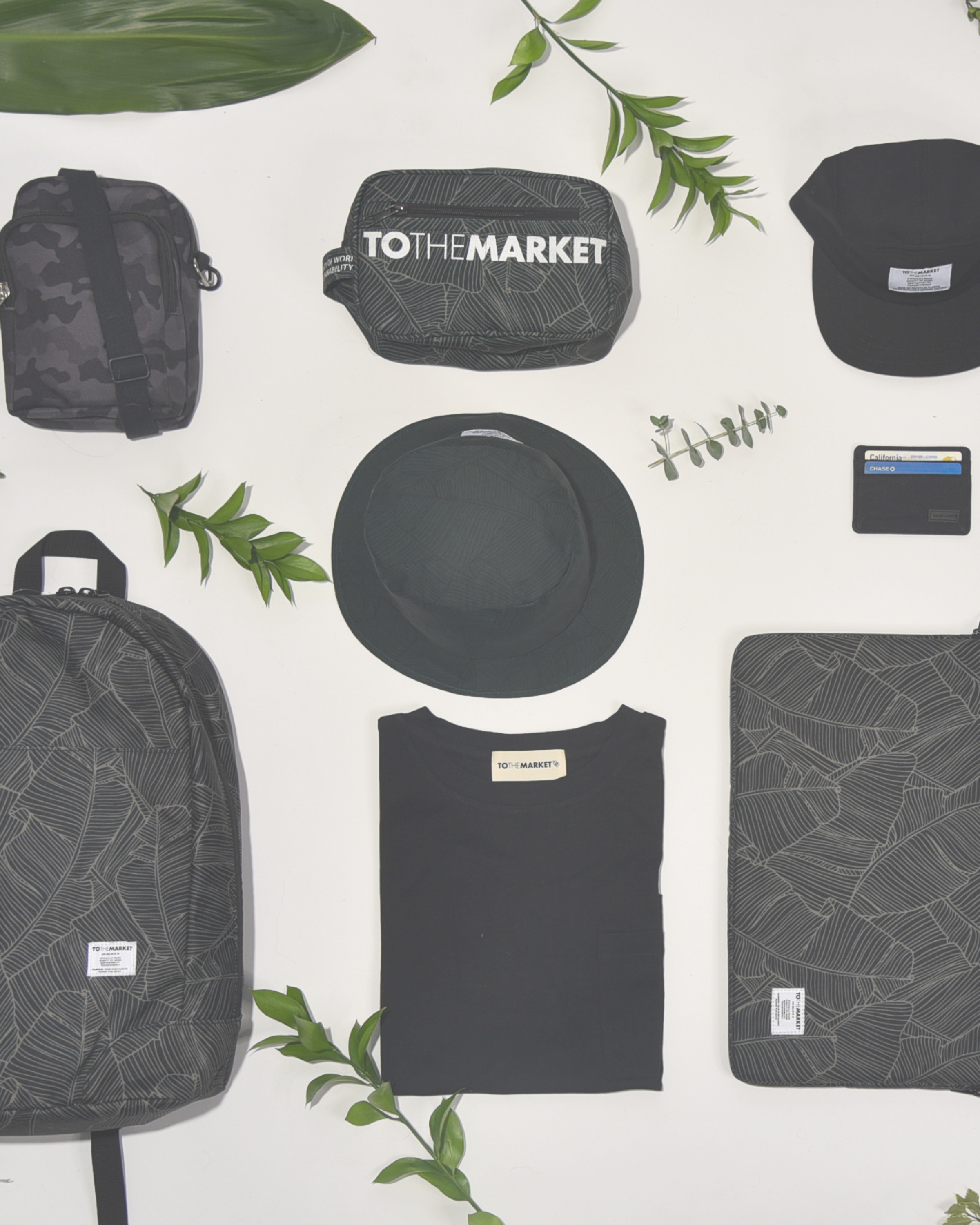 Image of TO THE MARKET's products including bags, hats, apparel, and accessories.